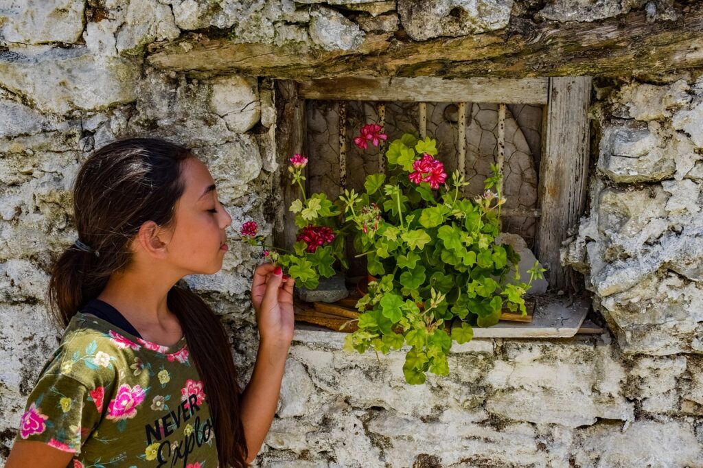 girl, wall, flower pot