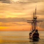 sunset, ship, sails